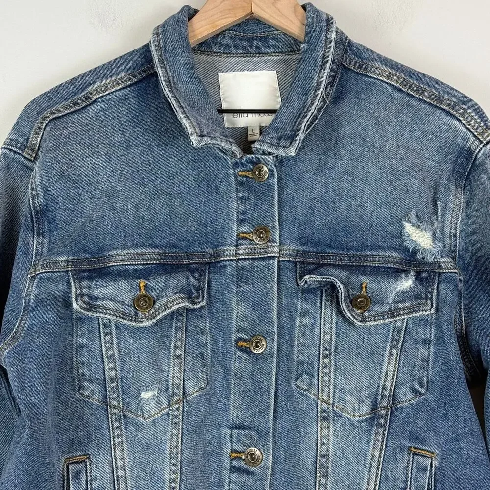 Ella Moss Denim Trucker Jacket Women Large Blue Distressed Button‎ Front Western